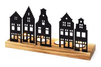 SKONIDA moderne Holz-Krippe – Winter Teelichthalter aus Holz – Design Lichtobjekt mit Stadt-Silhouette für Advent