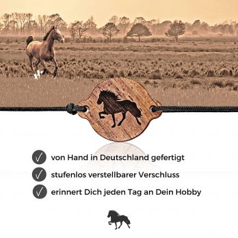 SKONIDA verstellbares Pony Freundschafts-Armband – Pferde Partnerarmband aus Holz braun mit Gravur – Horse Bracelet mit schwarzer Leine – Reiter Geschenk in edler Geschenk-Box