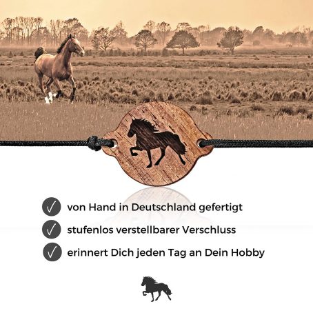 pony armband pferde armband reiter armband pferde schmuck holz armkette mit pferde gravur design nussbaum reit accessoire horse bracelet