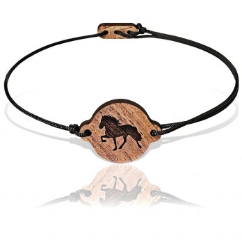 SKONIDA verstellbares Pony Armband – Pferde Armbändchen aus Holz braun mit Isländer Gravur – Horse Bracelet mit schwarzer Leine – Reiter Geschenk in edler Box